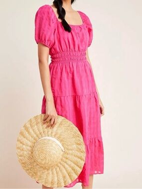 NWT Anthropologie Francesca Pink Tiered Midi Dress with puffy sleeves Size Small